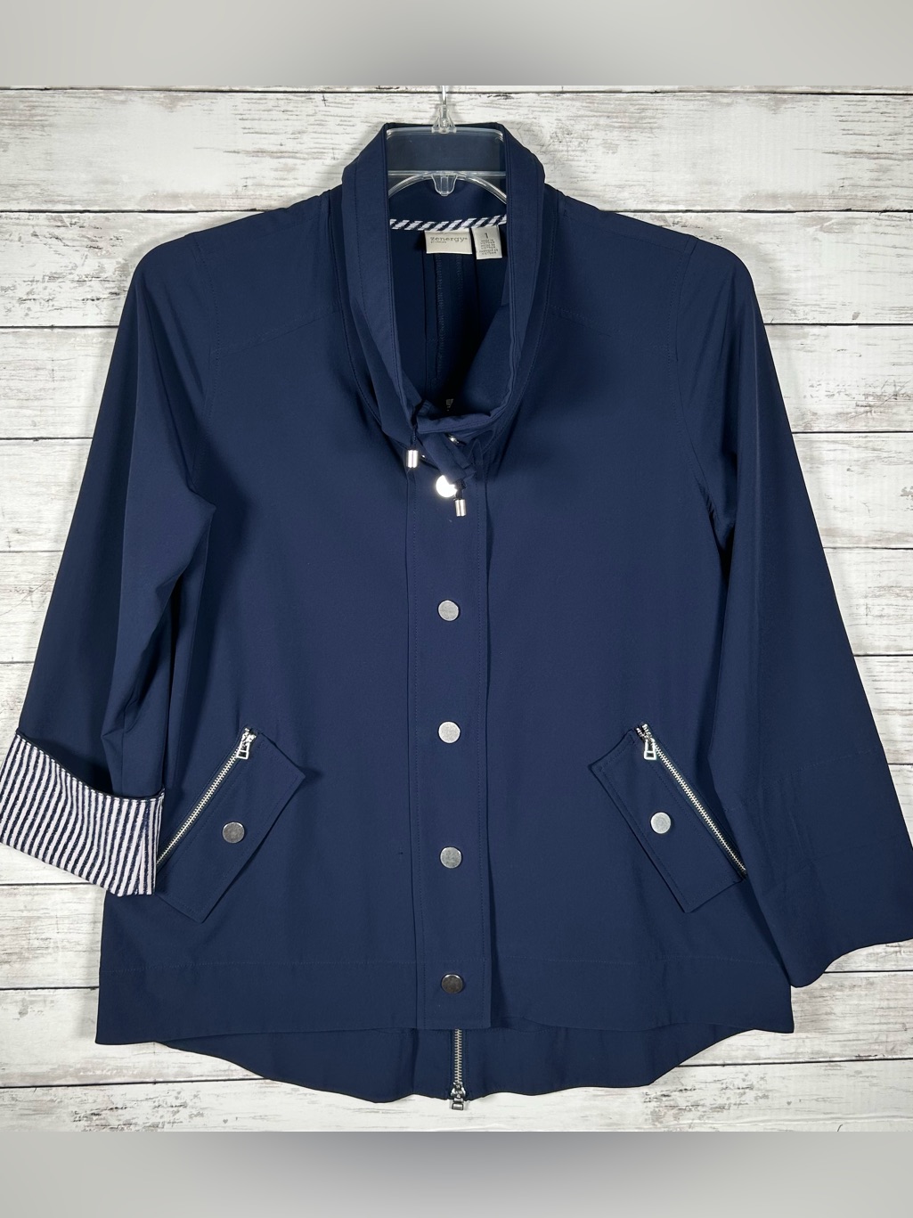Chico’s Zenergy Hi Low Zip Front Polyester Spandex All Weather A-Line Jacket 1=M